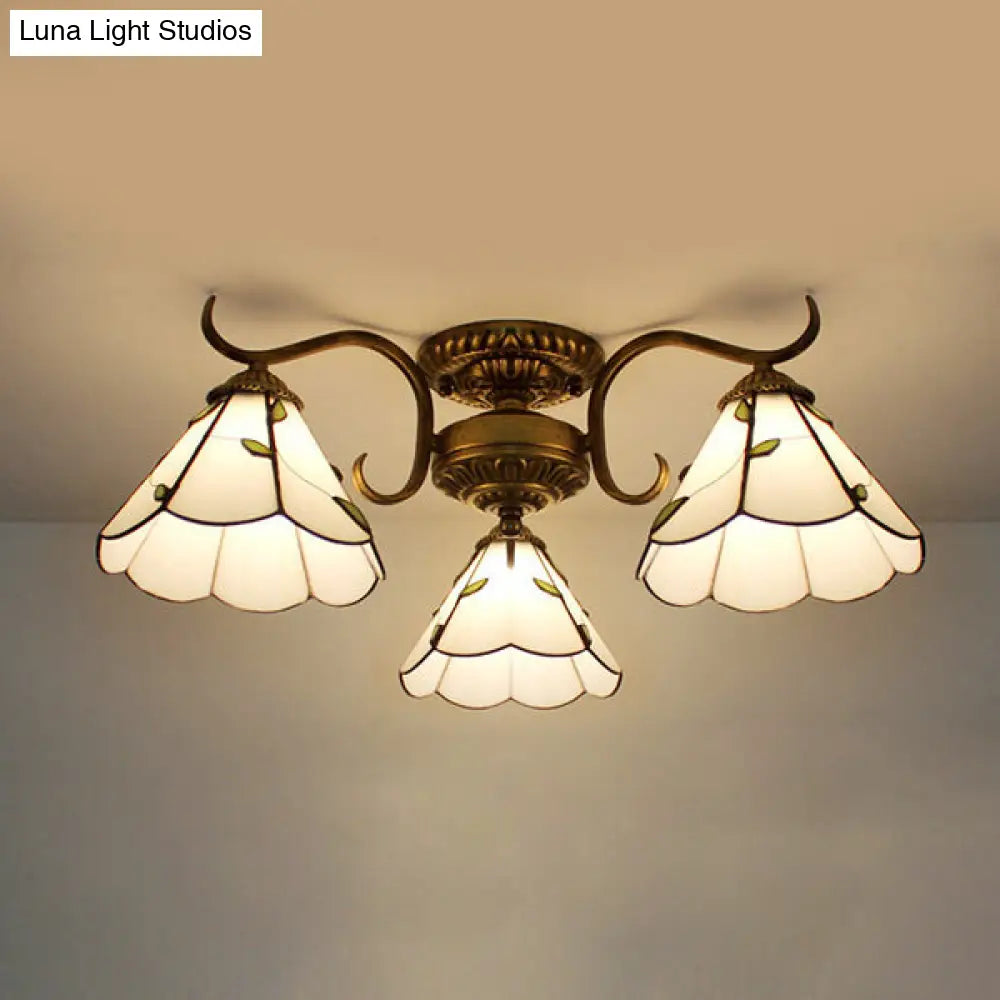 DecorBites™ DecorBites™ White Stained Glass Ceiling Light with Leaf/Flower/Diamond Pattern - 3-Light Semi Flushmount