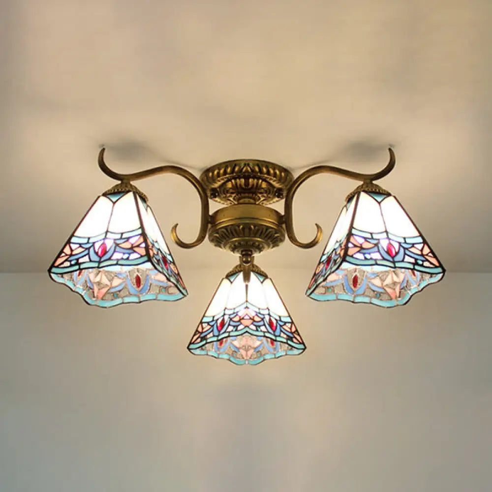 DecorBites™ DecorBites™ White Stained Glass Ceiling Light with Leaf/Flower/Diamond Pattern - 3-Light Semi Flushmount
