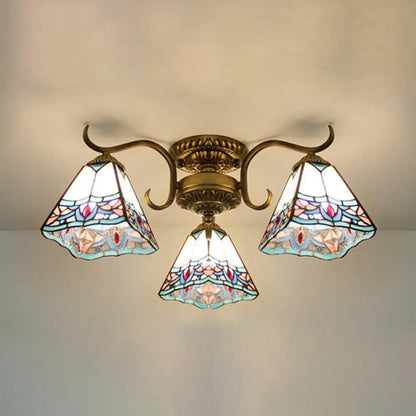 DecorBites™ DecorBites™ White Stained Glass Ceiling Light with Leaf/Flower/Diamond Pattern - 3-Light Semi Flushmount