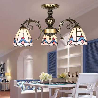 White Stained Glass Magnolia Ceiling Light - Lodge Style Chandelier with 3/5/6 Lights