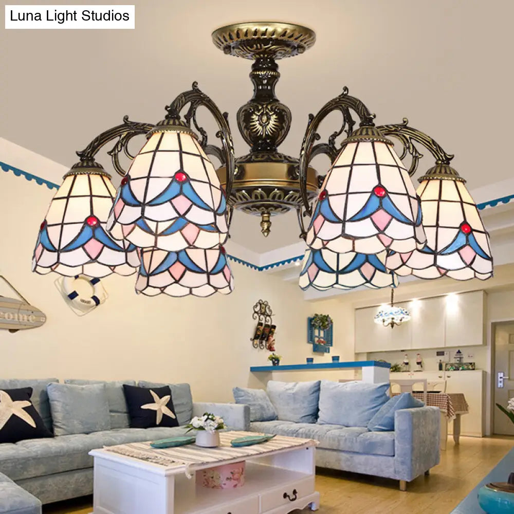 White Stained Glass Magnolia Ceiling Light - Lodge Style Chandelier with 3/5/6 Lights