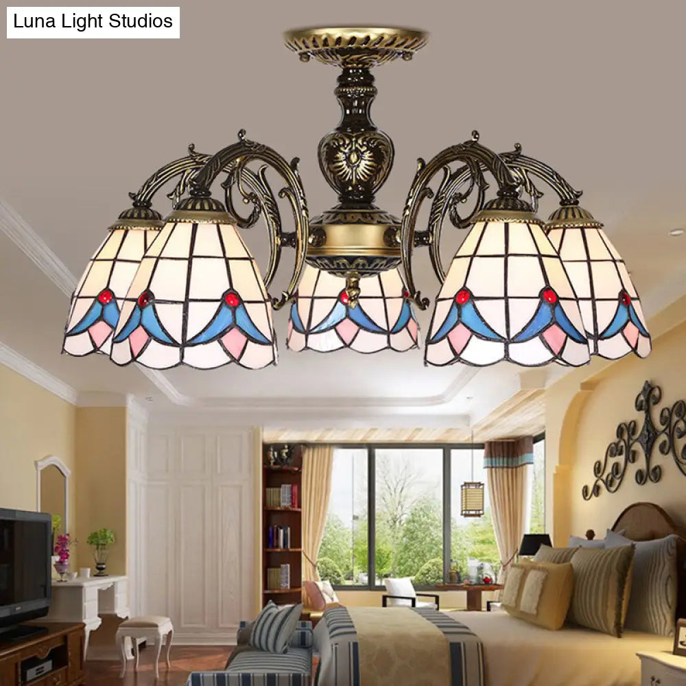 White Stained Glass Magnolia Ceiling Light - Lodge Style Chandelier with 3/5/6 Lights