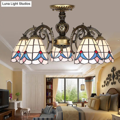 White Stained Glass Magnolia Ceiling Light - Lodge Style Chandelier with 3/5/6 Lights