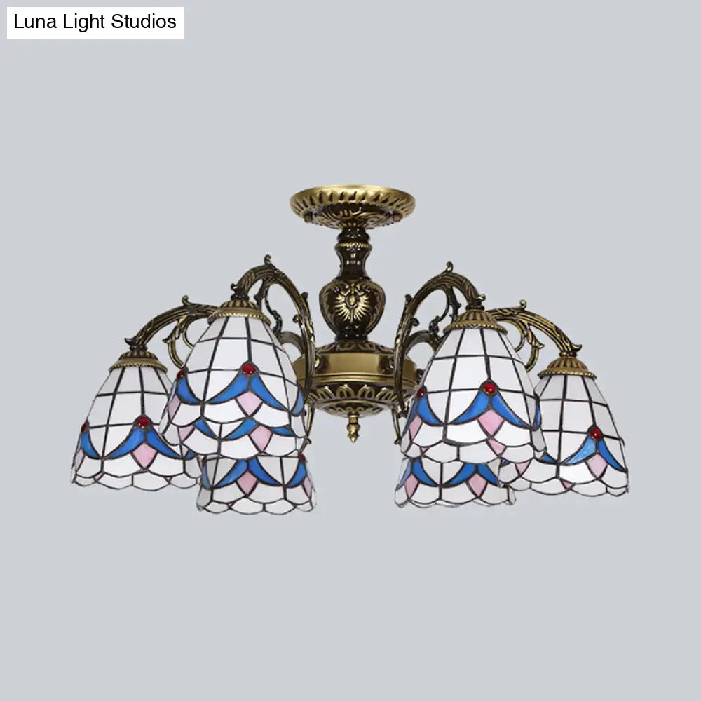 White Stained Glass Magnolia Ceiling Light - Lodge Style Chandelier with 3/5/6 Lights