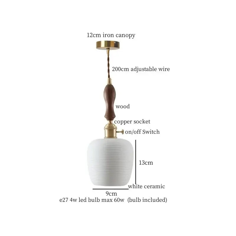 White textured ceramic led pendant light with ribbed design, iron canopy, wooden handle, and copper socket for dining room decorbites ceramic led hanging