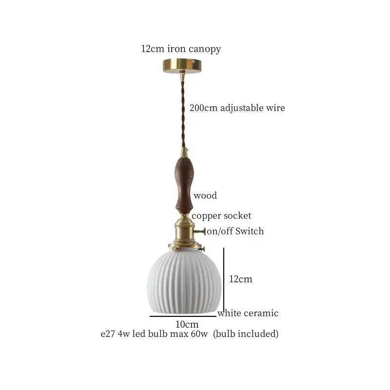 White ceramic pendant light with ribbed design wooden handle and brass accents for decorbites ceramic led hanging