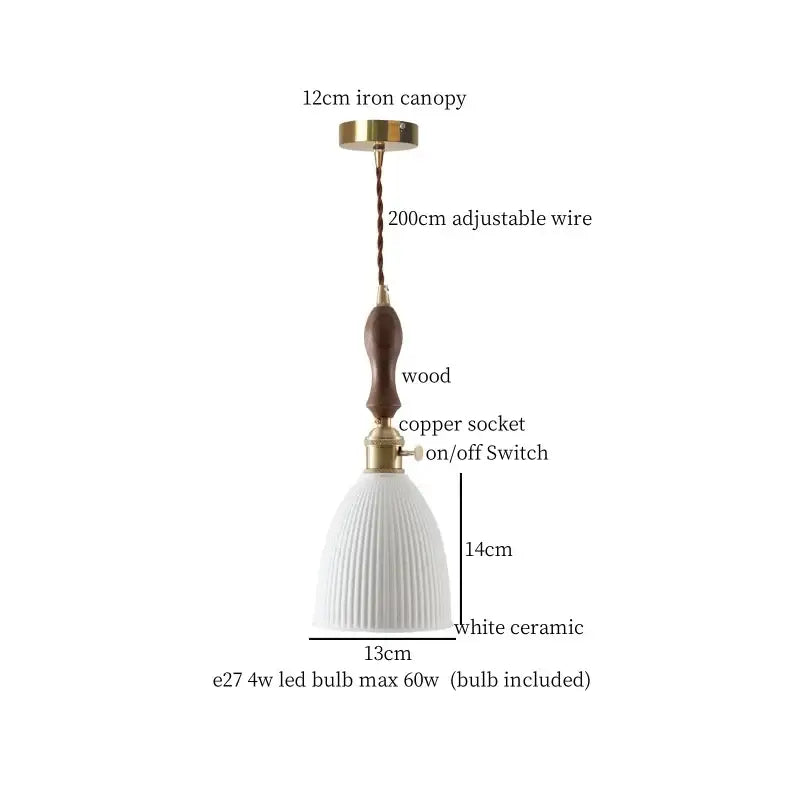 White ceramic led pendant light with fluted design wooden handle and brass accents decorbites ceramic led hanging decor
