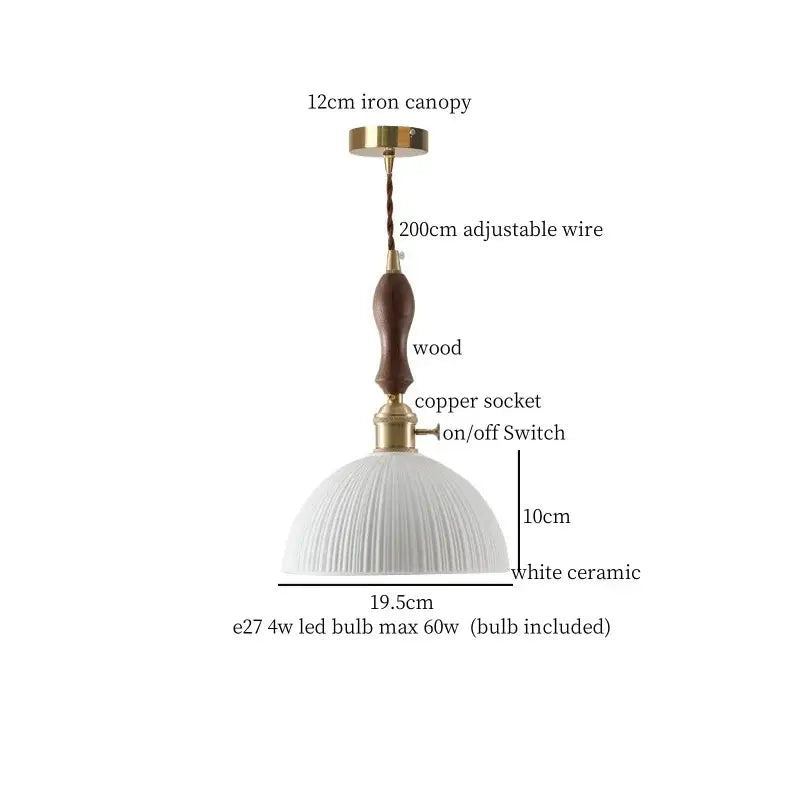 White ceramic pendant light with ribbed design, iron canopy, wooden handle, and copper socket for decorbites ceramic led hanging