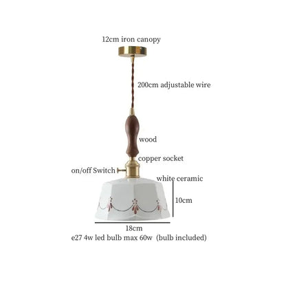 White ceramic led pendant light with brown floral patterns and wood handle by decorbites ceramic led hanging design