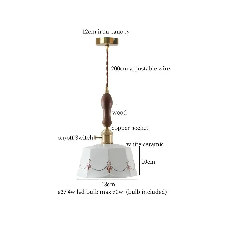 White ceramic led pendant light with brown floral patterns and wood handle by decorbites ceramic led hanging design