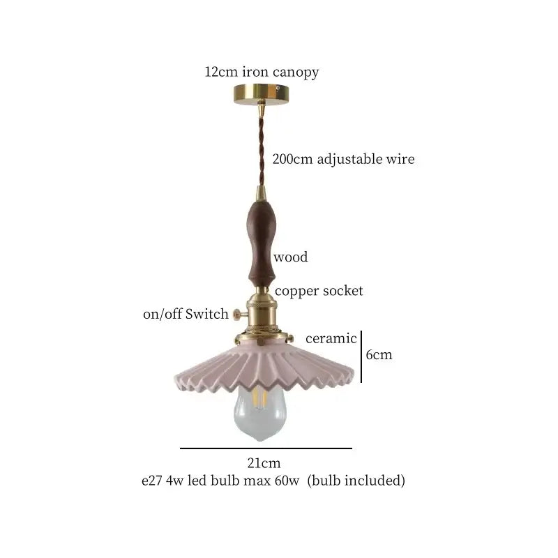 Pastel pink ceramic led pendant light with wooden handle and brass accents for decorbites ceramic led hanging decor