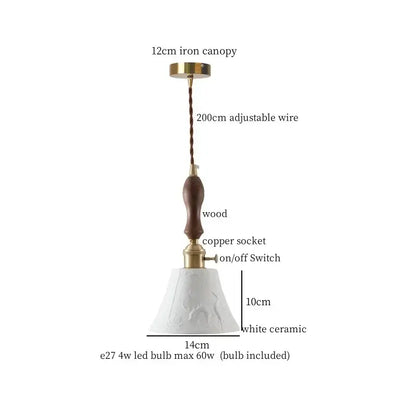 White ceramic pendant light with brass accents and wooden handle featuring decorbites ceramic led hanging design for dining rooms