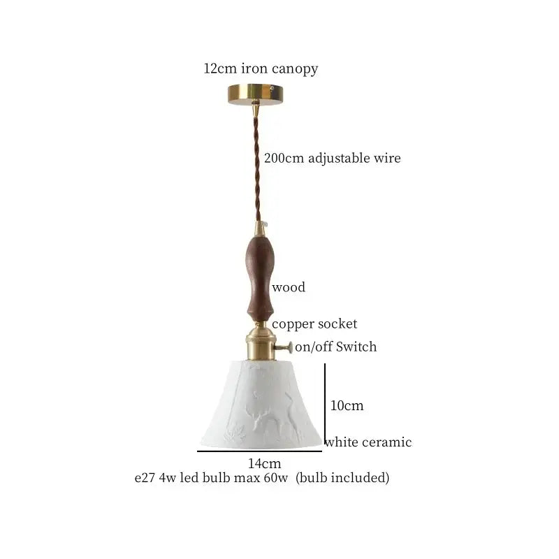 White ceramic pendant light with brass accents and wooden handle featuring decorbites ceramic led hanging design for dining rooms