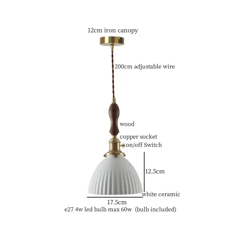 White ceramic pendant light with fluted design iron canopy wooden handle and brass accents for decorbites ceramic led hanging