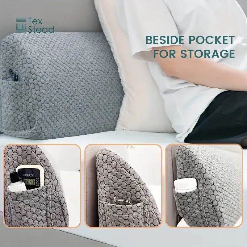 Gray hexagonal patterned pillow wedge with built-in side pocket for storage by decorbites headboard pillow wedge