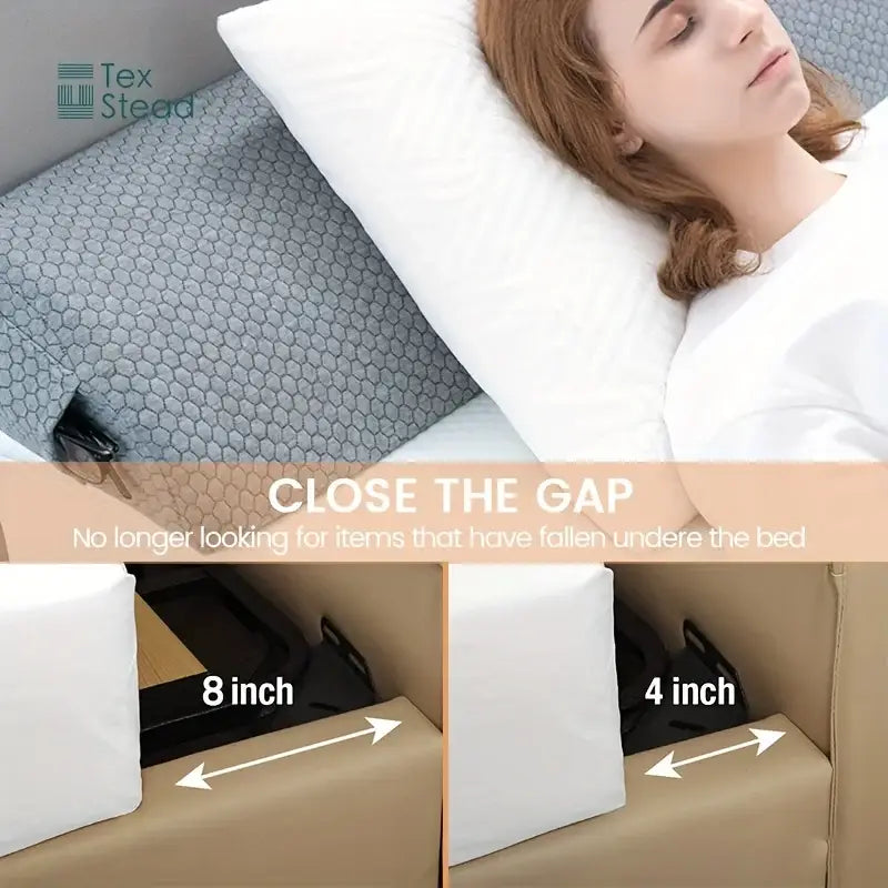 White textured headboard pillow wedge bedroom mattress gap filler with soft beige fabric and adjustable design pillow wedge