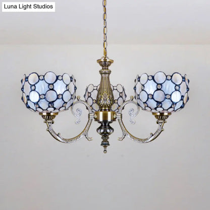 White Tiffany Style Stained Glass Chandelier- 3 Light Bowl Suspension for Living Room