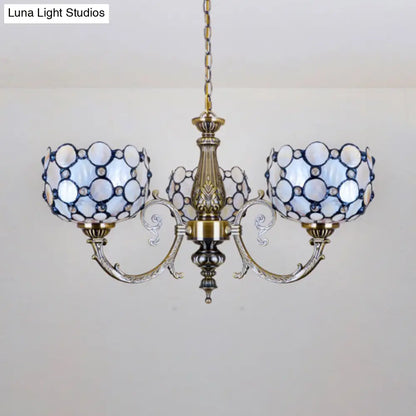 White Tiffany Style Stained Glass Chandelier- 3 Light Bowl Suspension for Living Room