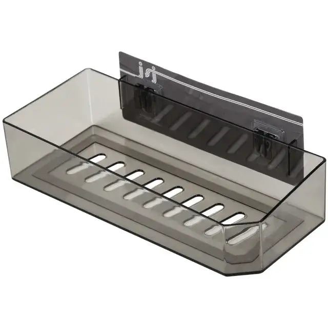 Transparent gray plastic wall-mounted soap dish with slotted base and adhesive backing for bathroom shelves wall storage rack