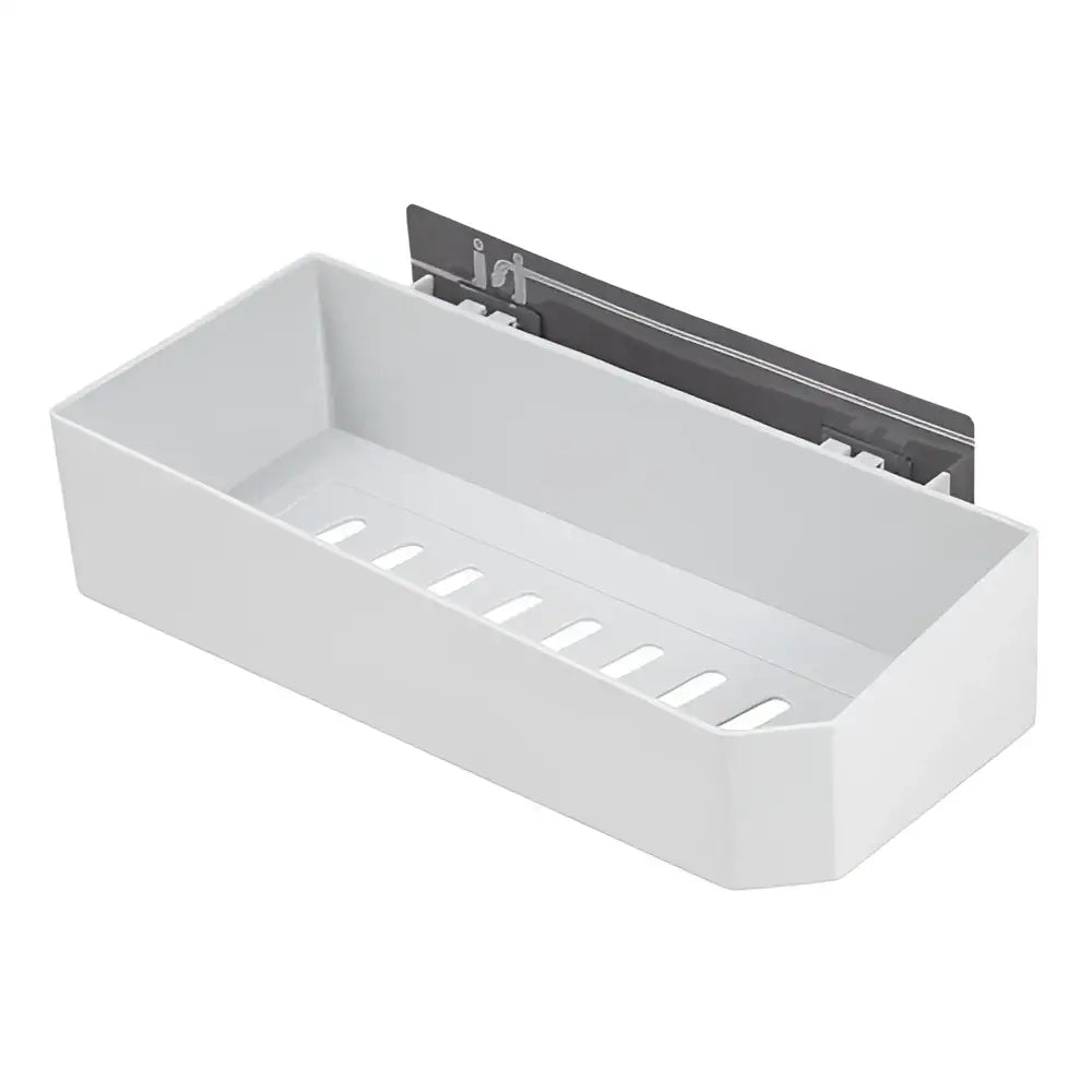 White rectangular plastic bathroom shelves wall storage rack with gray magnetic mounting strip on the back side