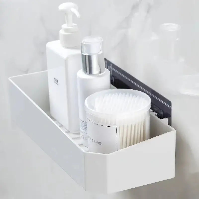 White rectangular wall-mounted bathroom shelves storage rack with sleek minimalist design and smooth plastic surface