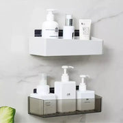 White and translucent plastic bathroom shelves wall storage rack with black magnetic strips for secure attachment