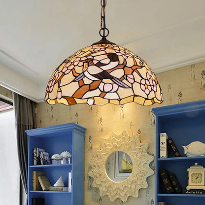 White Tropical Bird Pendant – Victorian Stained Art Glass Ceiling Lamp