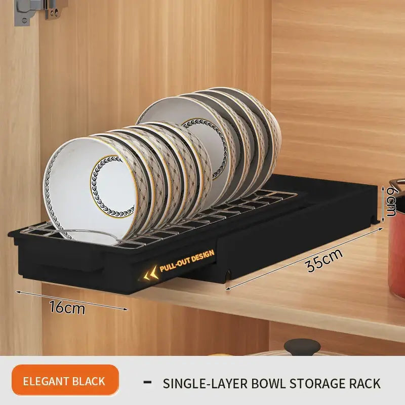 Elegant black single-layer bowl storage rack with pull-out design as a sliding drawer organizer for kitchen storage