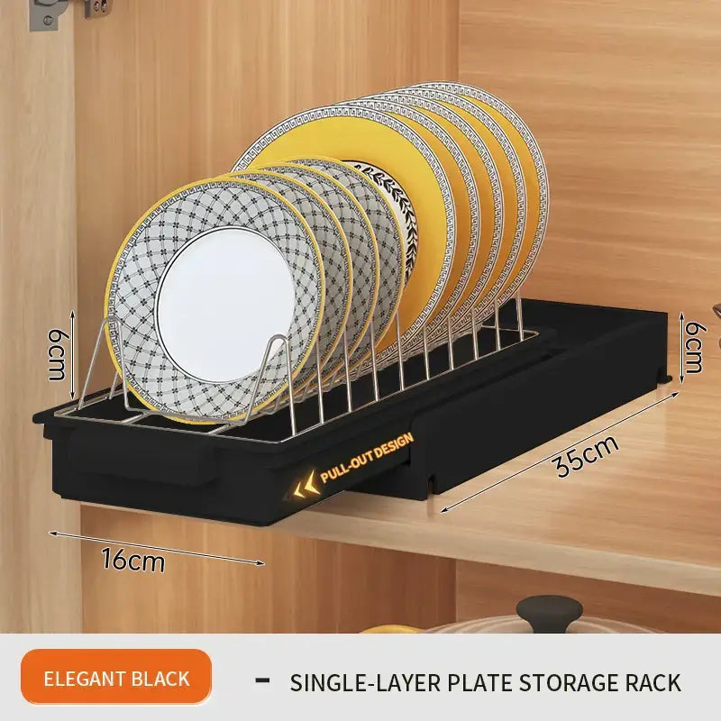 Elegant black single-layer metal wire plate storage rack with pull-out design for sliding drawer organizer use
