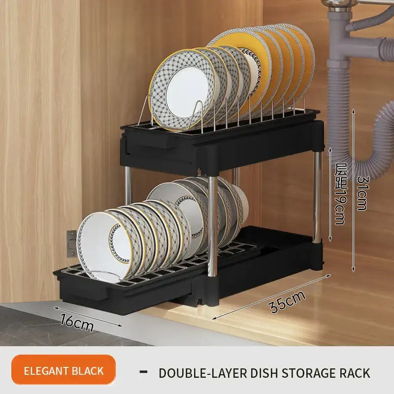 Elegant black double-layer sliding drawer organizer with sleek metal legs and modern design for kitchen storage
