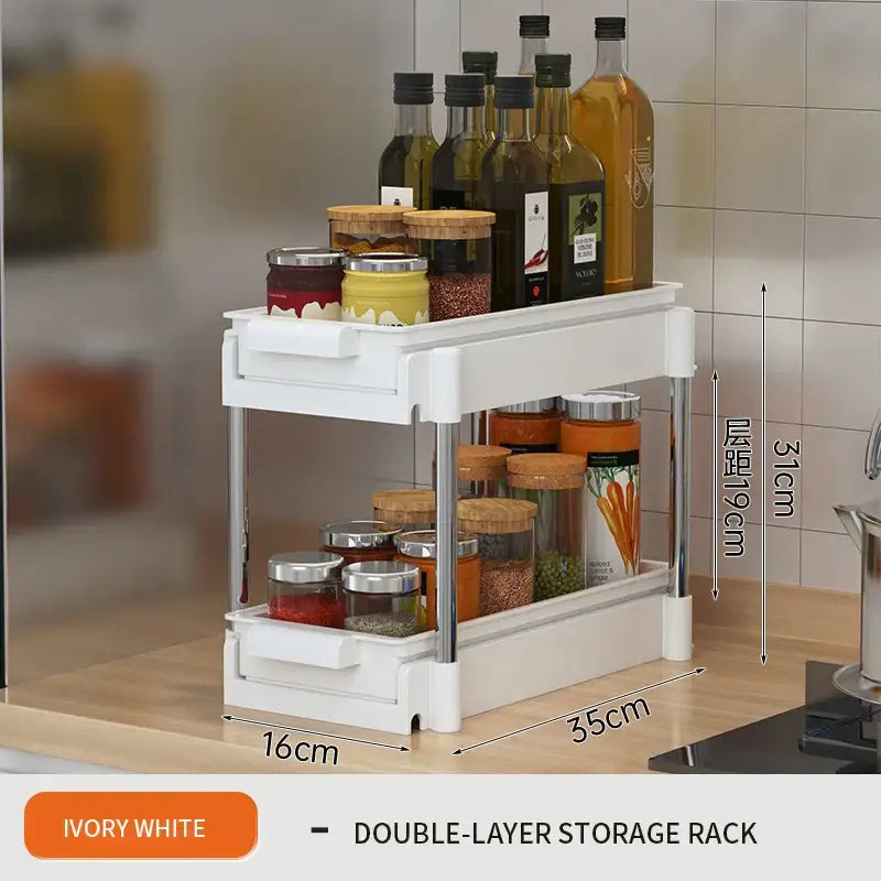 Ivory white two tier sliding drawer organizer with metal frame and modern design for kitchen storage rack
