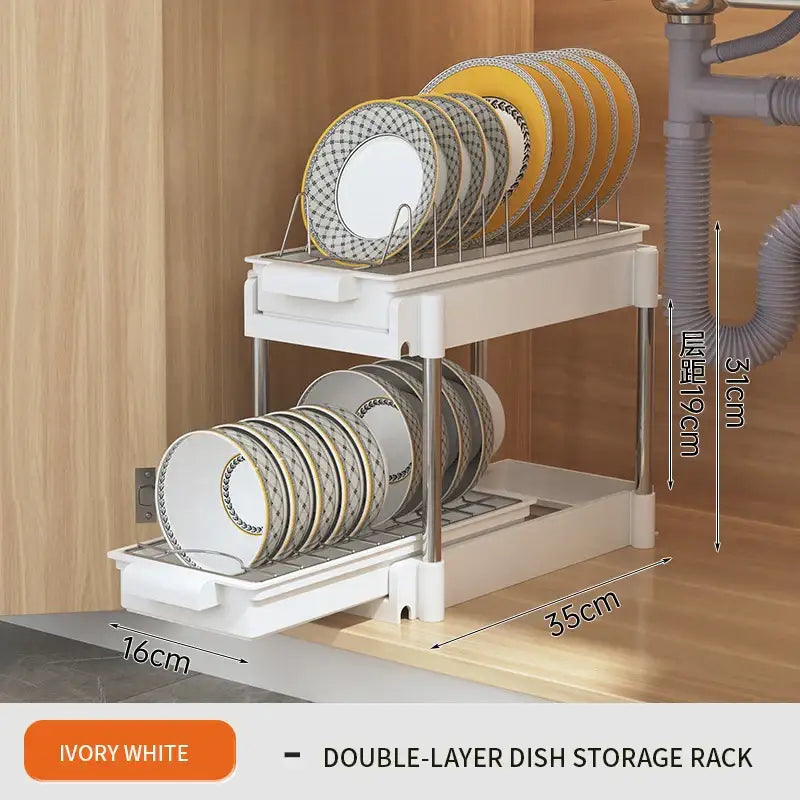Ivory white two tier sliding drawer organizer with sleek metal supports and compact space-saving design for kitchen storage