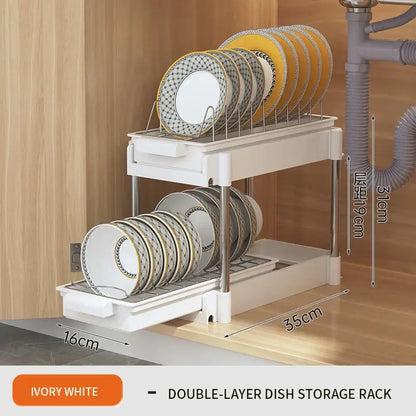 Ivory white two tier sliding drawer organizer with double-layer dish rack and sleek metal supports for kitchen storage