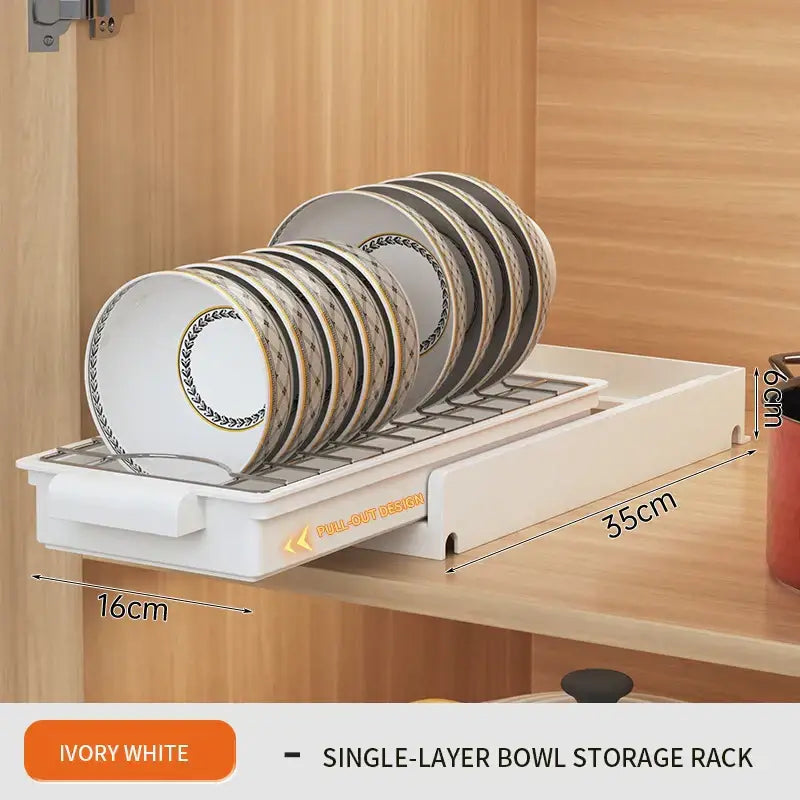 Ivory white single-layer metal sliding drawer organizer with pull-out design for drying plates in kitchen storage rack