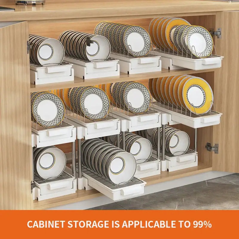 White two tier sliding drawer organizer kitchen storage rack with metal wire shelves holding patterned dinnerware stacks