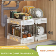 White two tier sliding drawer organizer made of stainless steel and abs plastic with sliding shelves for kitchen storage