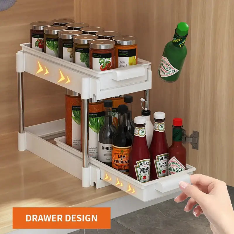 White two tier sliding drawer organizer kitchen storage rack with stainless steel supports and drawer organizer design