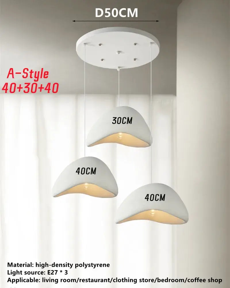 Modern white pendant lamp with three curved shell-shaped shades made of high-density polystyrene decorbites handmade wabi sabi