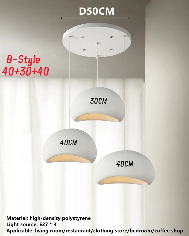 Modern white pendant lamp with three high-density polystyrene dome shades and warm interior glow for dining decorbites handmade wabi sabi