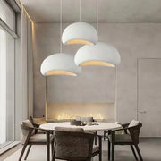 Three white dome-shaped pendant lamps handmade wabi sabi by Decorbites for dining room decor