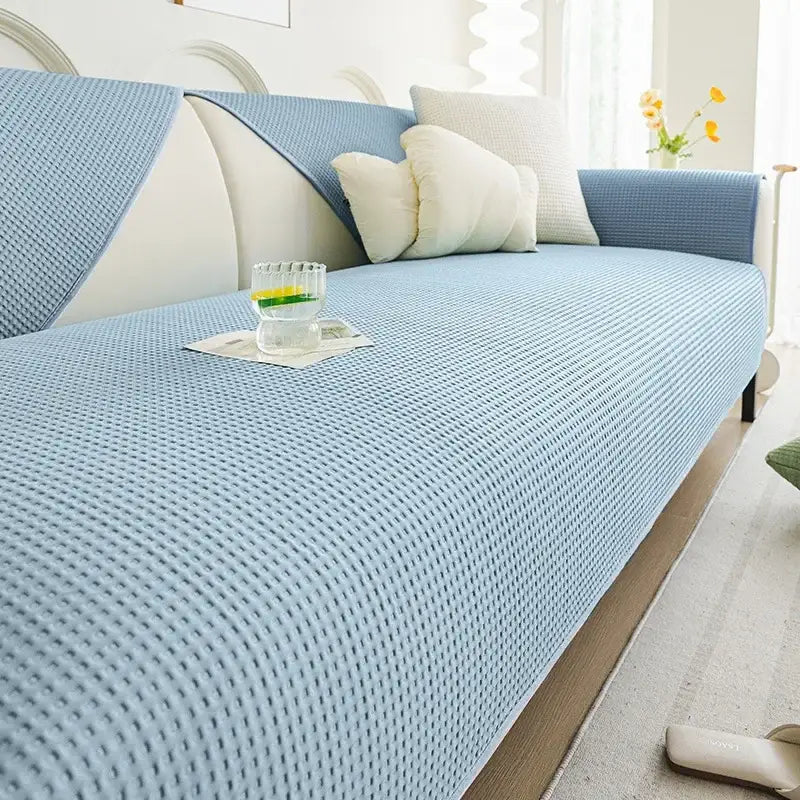 Light blue woven fabric sofa cover with textured breathable pattern for white waffle weave ice silk living room cushion