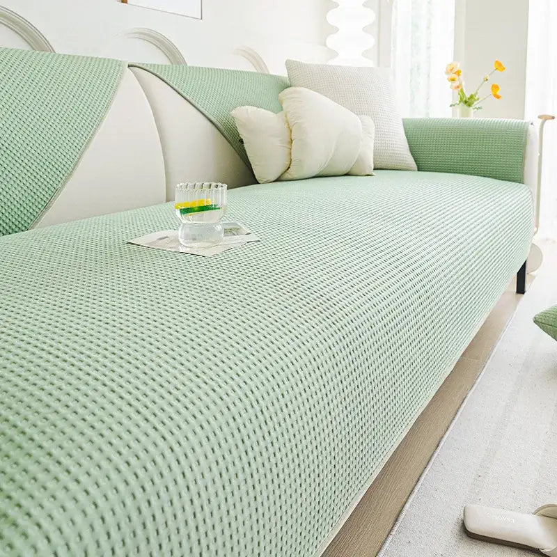 Light green woven texture fabric sofa cover made of white waffle weave ice silk for living room cushion protection