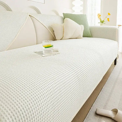 White waffle weave ice silk sofa pad with textured woven pattern in white for living room cushion use