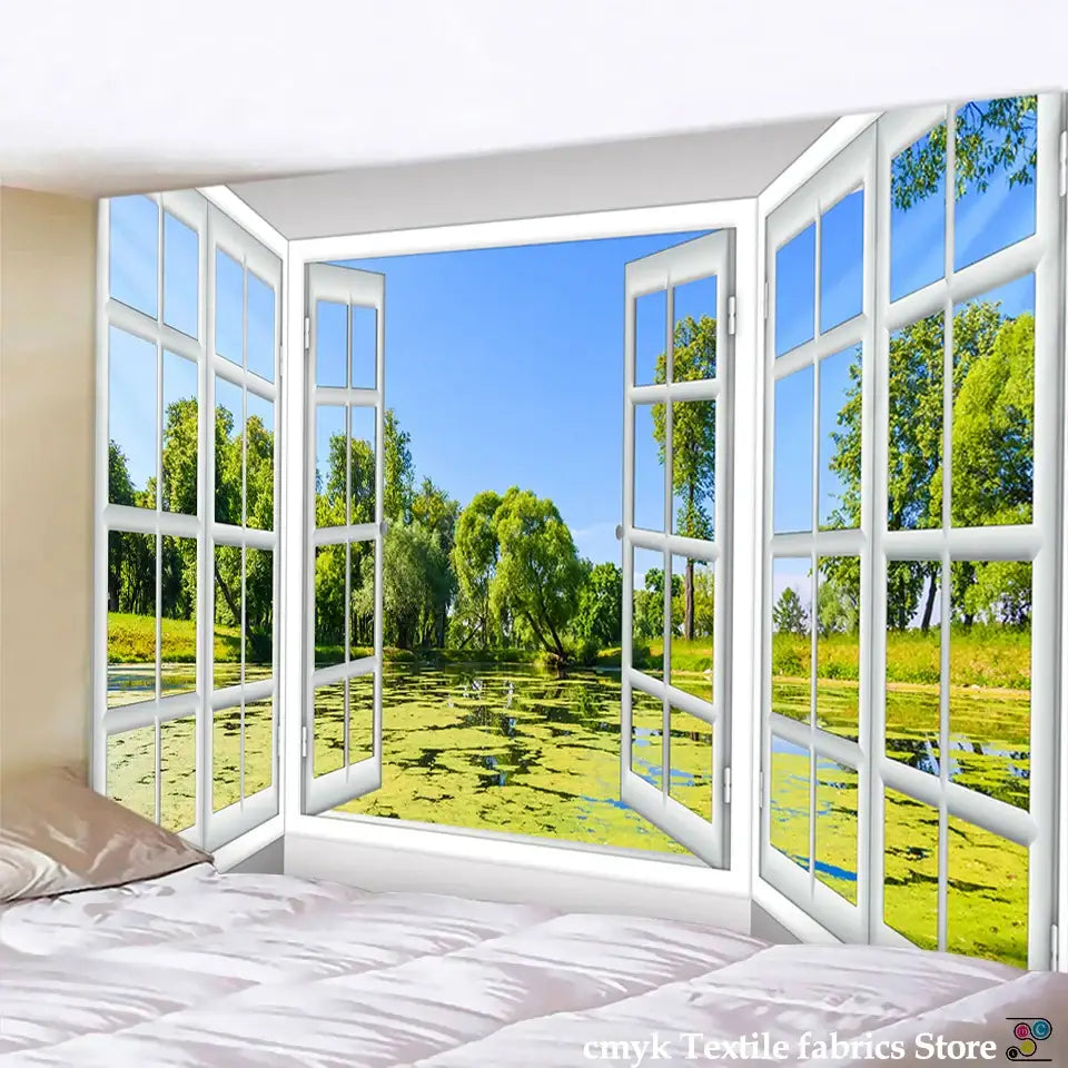 White windowpane tapestry featuring a scenic 3d landscape with green trees pond under blue sky for bedroom decorbites window wall tapestry