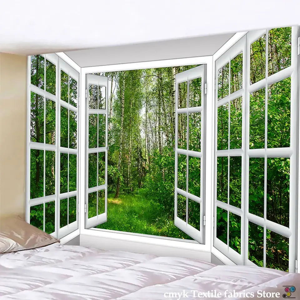 White window landscape wall tapestry featuring a lush green forest scene for bedroom decorbites 3d landscape design