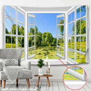 White window landscape wall tapestry with scenic 3d view of green trees and water for bedroom decorbites 3d landscape