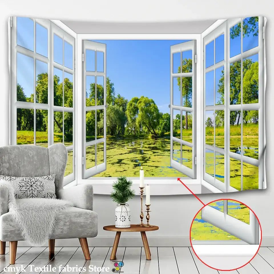White window landscape wall tapestry with scenic 3d view of green trees and water for bedroom decorbites 3d landscape