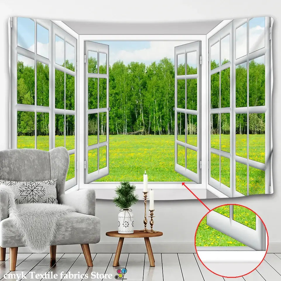 White window landscape wall tapestry with 3d decorbites landscape of green trees and yellow flowers for bedroom decor