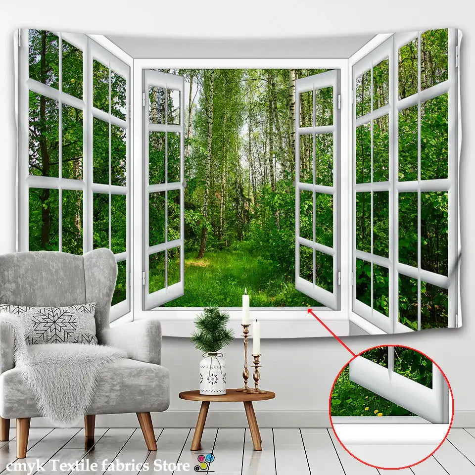 White window frame tapestry featuring a lush green forest scene for decorbites 3d landscape window wall tapestry use