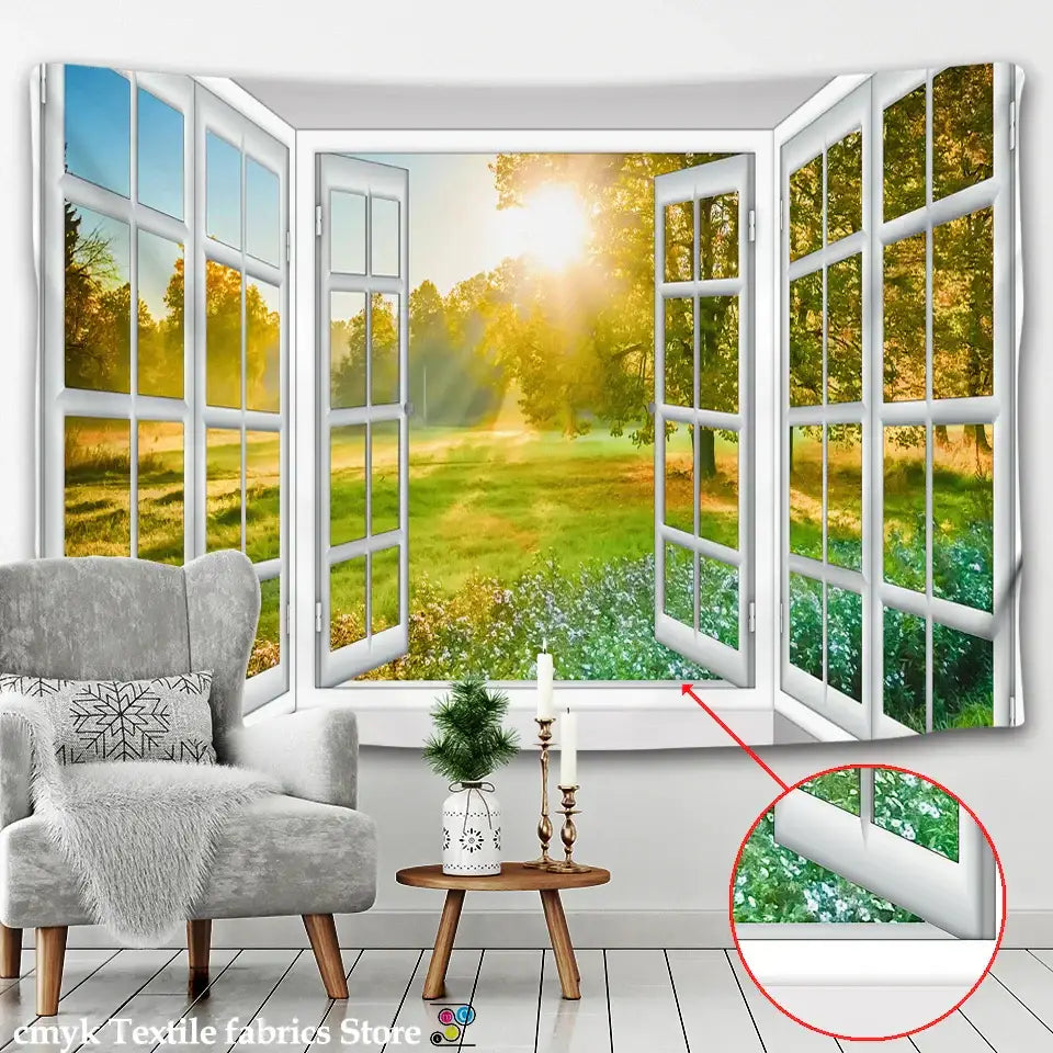 White window landscape wall tapestry featuring a sunlit green field with trees and detailed paneled glass decorbites 3d landscape